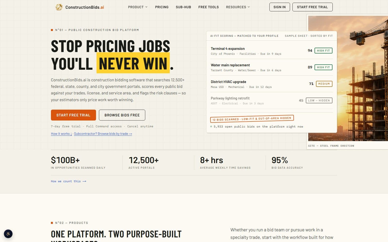ConstructionBids.ai website screenshot